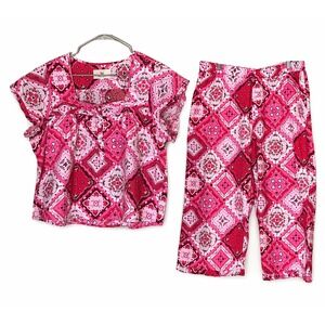 Printfresh Pajama Set L Pink Heart Floral Lounge Top Pants Cottagecore Rare HTF